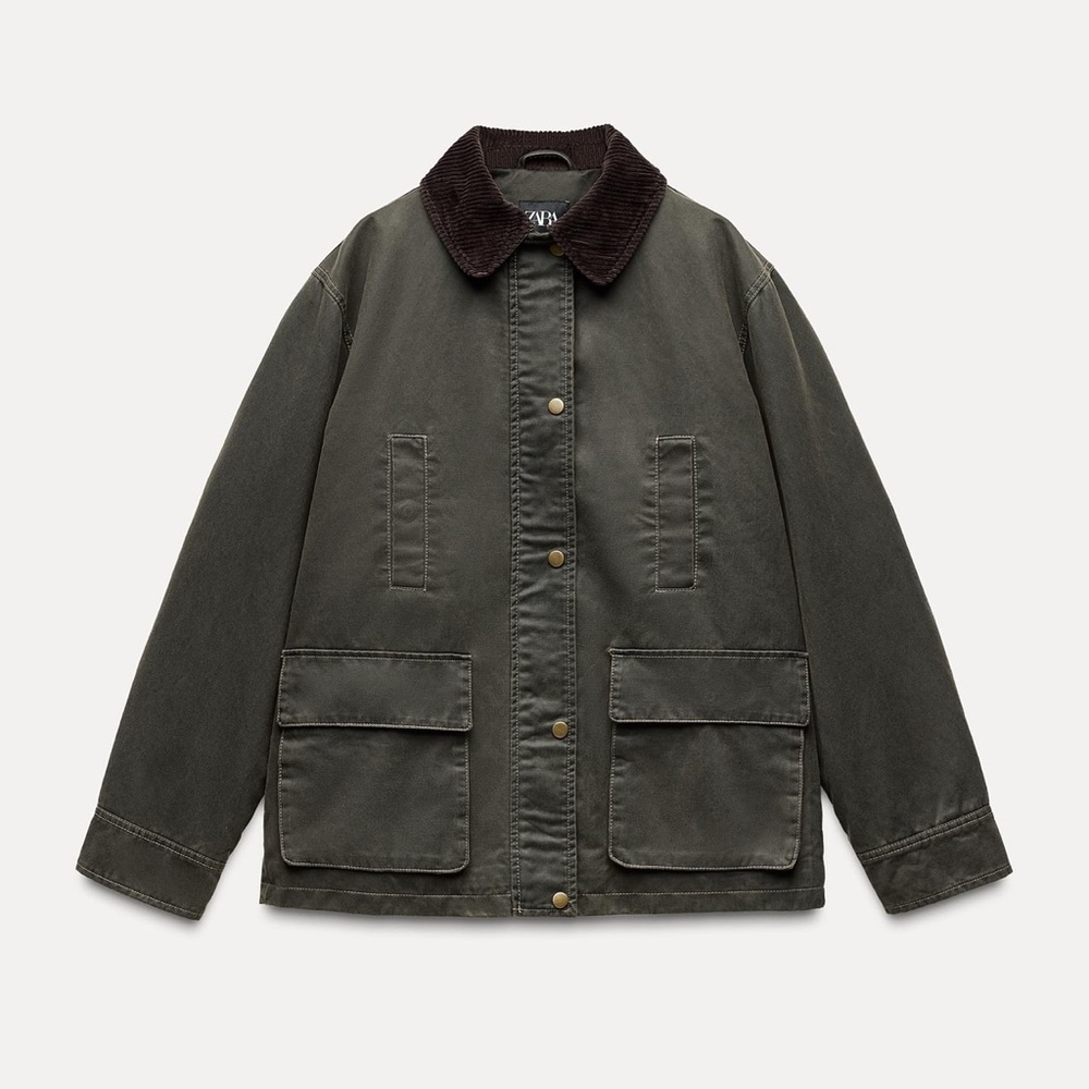 ZARA Corduroy Collar Waxed Jacket Moss Green REF. 4341/765 2024 NWT M